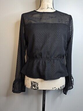 ​EXPRESS Black Swiss Dot Sheer Mesh Peplum Top S S/P Long Sleeve Cinched Waist